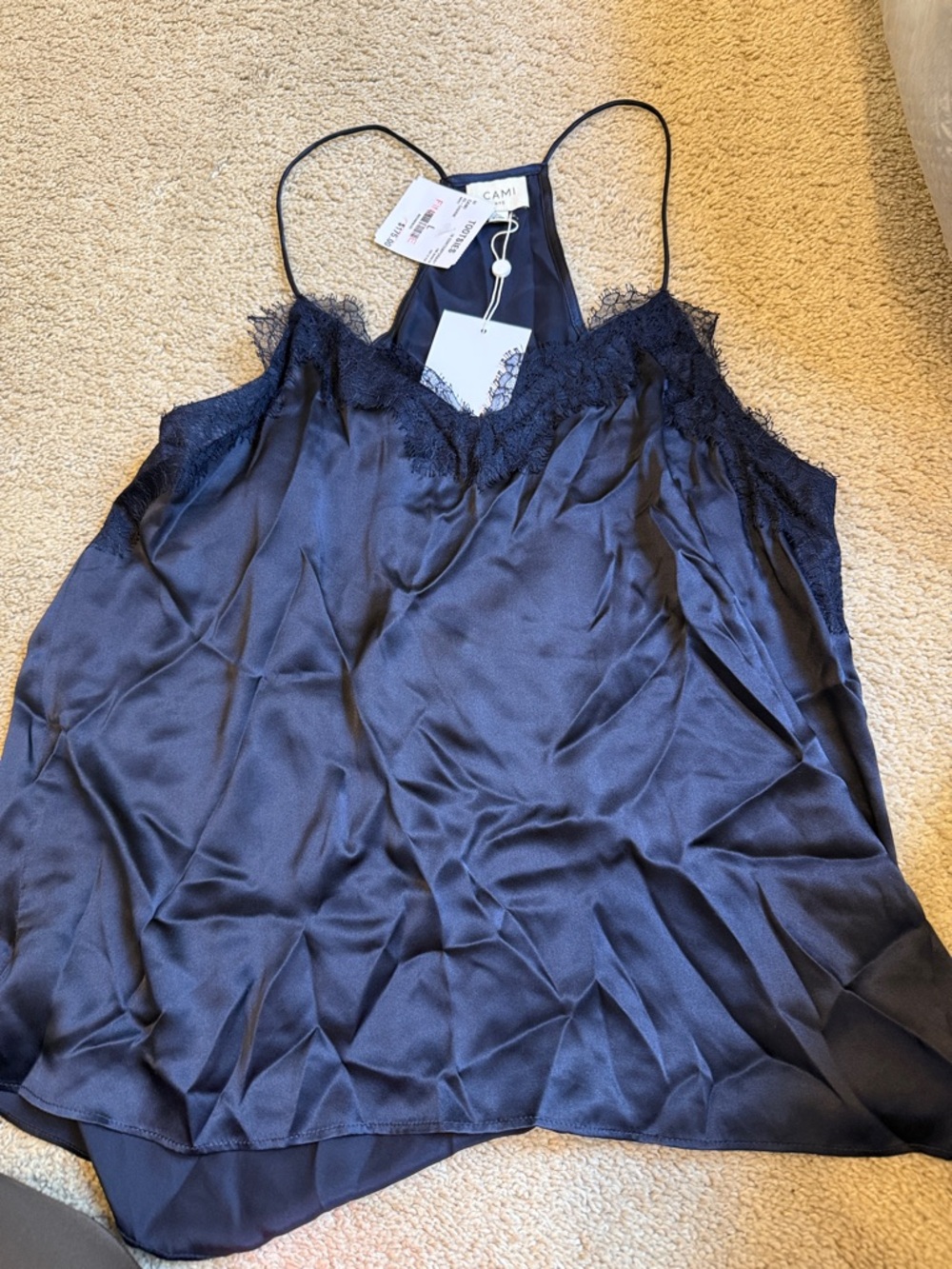 Cami NYC Navy Satin Lace Trim Camisole Top